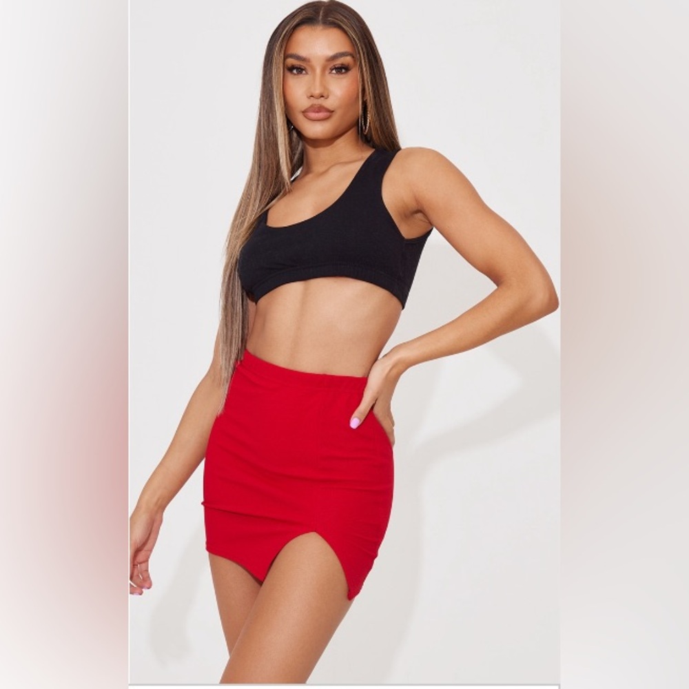 Red Split Front Mini Skirt